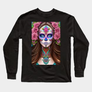 Sugar Skull Art - Colorful Woman in Sugar Skull Makeup Long Sleeve T-Shirt